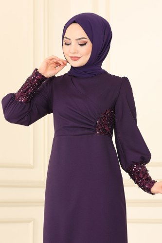 moda selvim ASM2553 بنفسجي غامق فستان - Thumbnail