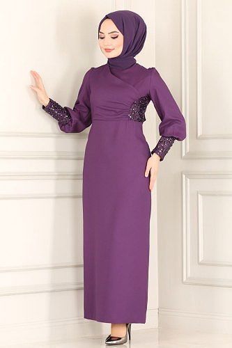 moda selvim الفستان أرجواني ASM2553 - Thumbnail