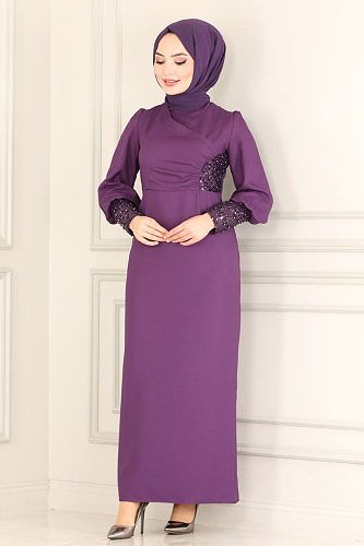 moda selvim الفستان أرجواني ASM2553 - Thumbnail