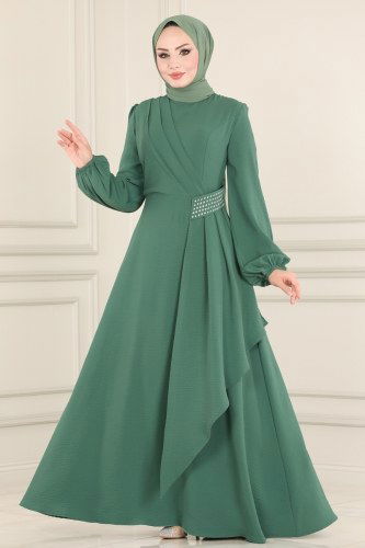 moda selvim ASM2555 نفتي جرين فستان - Thumbnail