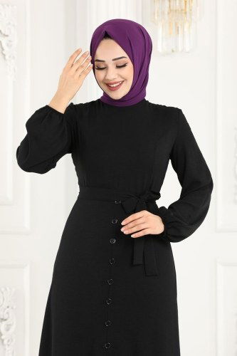 moda selvim ASM2560 اسود فستان - Thumbnail
