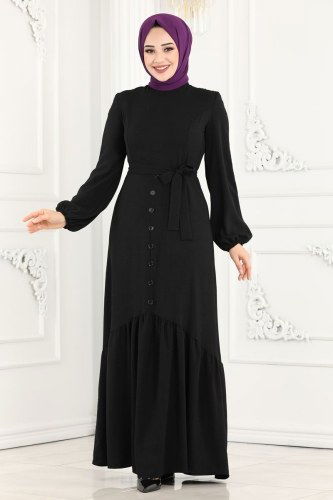 moda selvim ASM2560 اسود فستان - Thumbnail