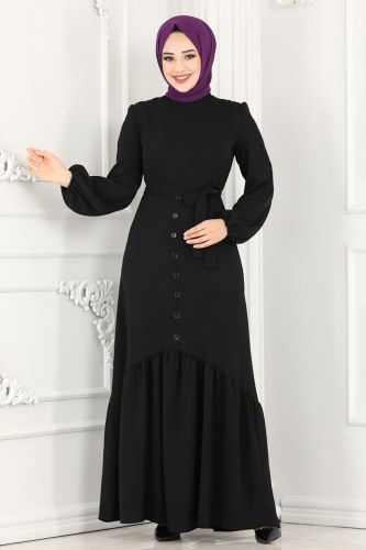 moda selvim ASM2560 اسود فستان - Thumbnail