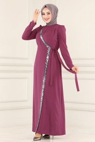 moda selvim ASM2567 الزهري غامق فستان - Thumbnail
