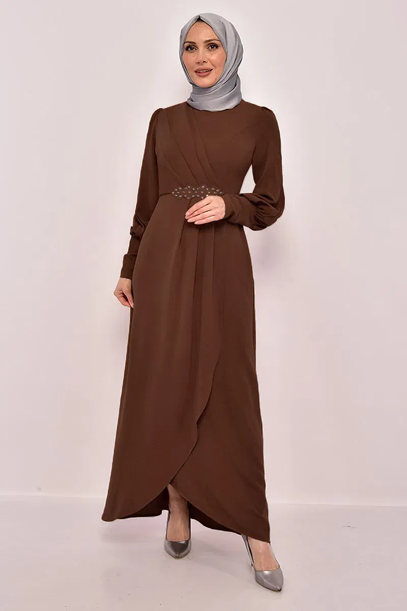 moda selvim الفستان بني ASM2569-M - Thumbnail