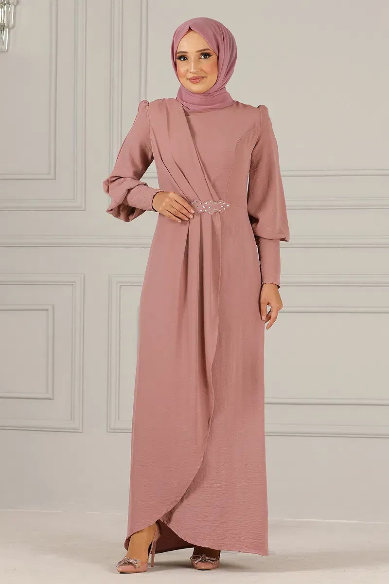 moda selvim الفستان بيج وردي غامق ASM2569-M - Thumbnail