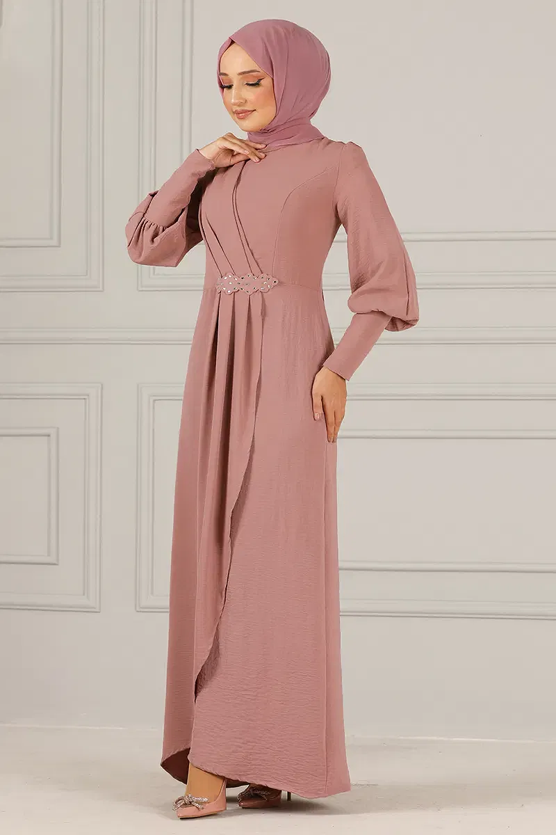 moda selvim الفستان بيج وردي غامق ASM2569-M - Thumbnail