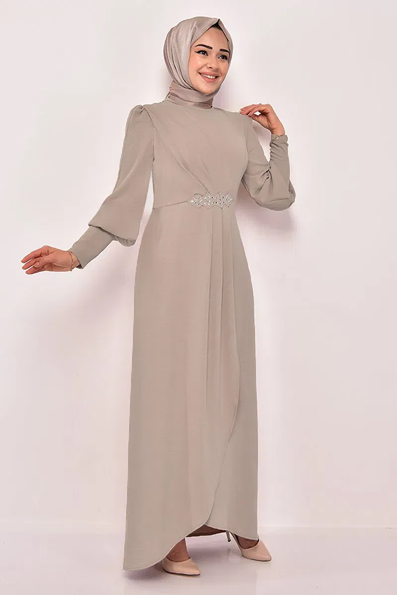 moda selvim Dress ASM2569-M Stone - Thumbnail