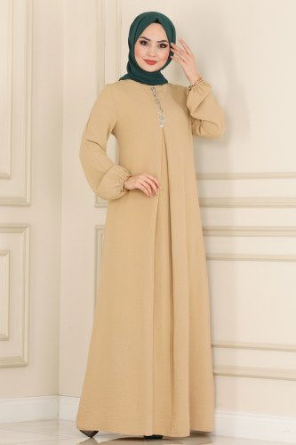 moda selvim ASM2574 لون البيج فستان - Thumbnail