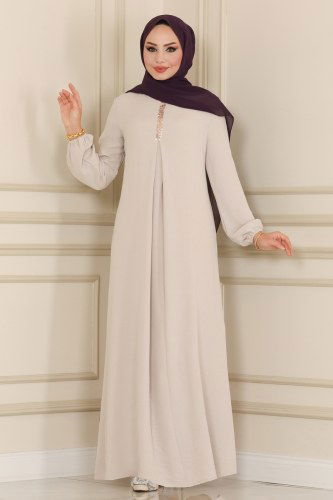 moda selvim Dress ASM2574 Stone - Thumbnail
