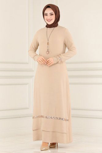 moda selvim ASM2579 قمحي فستان - Thumbnail