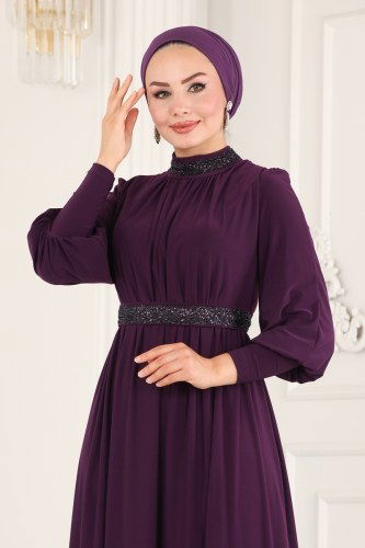 moda selvim ASM2596 بنفسجي فستان - Thumbnail