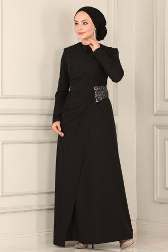 moda selvim ASM2602 اسود فستان - Thumbnail