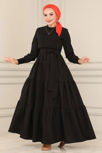 moda selvim ASM2610 اسود فستان - Thumbnail