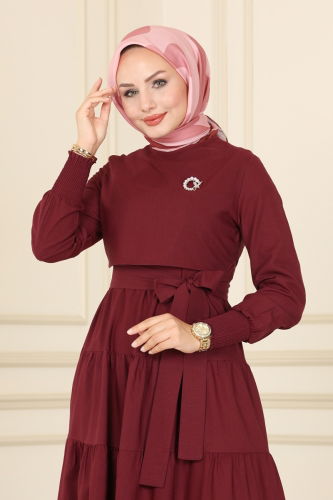 moda selvim Dress ASM2610 Burgundy - Thumbnail