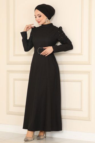 moda selvim ASM2614 اسود فستان - Thumbnail