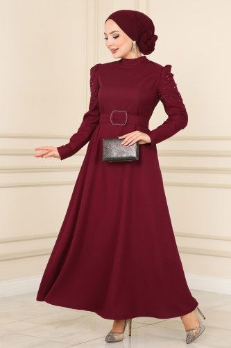 moda selvim ASM2614 الخمري فستان - Thumbnail