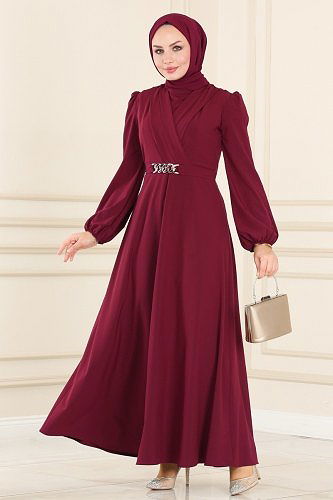 moda selvim Dress ASM2646 Burgundy - Thumbnail