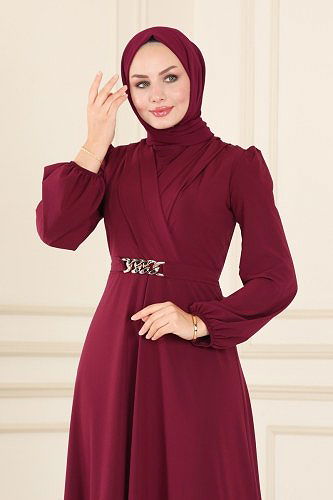 moda selvim Dress ASM2646 Burgundy - Thumbnail