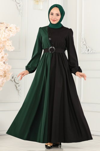 moda selvim Dress ASM2674 Emerald&Black - Thumbnail