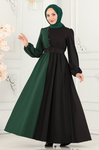 moda selvim Dress ASM2674 Emerald&Black - Thumbnail