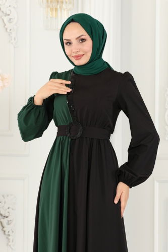 moda selvim Dress ASM2674 Emerald&Black - Thumbnail