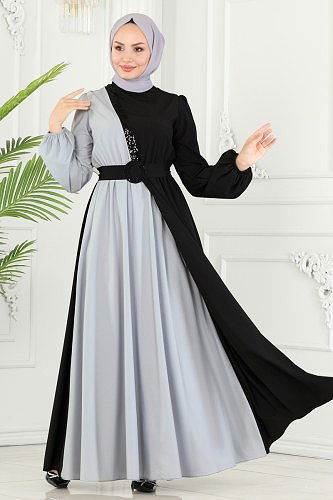 moda selvim Dress ASM2674 Gray&Black - Thumbnail