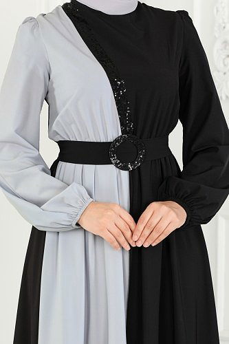 moda selvim Dress ASM2674 Gray&Black - Thumbnail