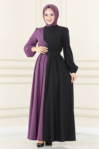 moda selvim Dress ASM2674 Lilac&Black - Thumbnail