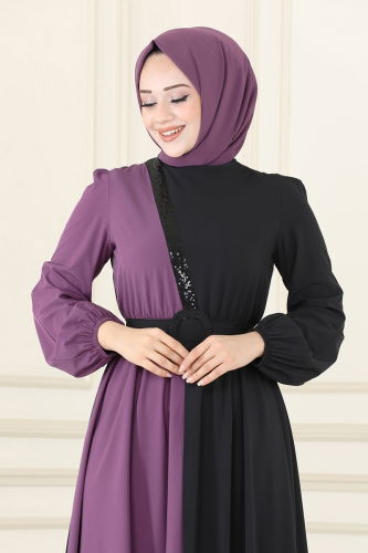 moda selvim Dress ASM2674 Lilac&Black - Thumbnail