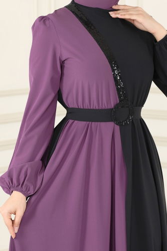 moda selvim Dress ASM2674 Lilac&Black - Thumbnail