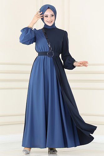 moda selvim Dress ASM2674 Navy Blue&Indigo - Thumbnail