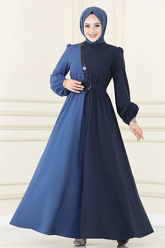 moda selvim ASM2674 كحلي&ياقوتي فستان - Thumbnail