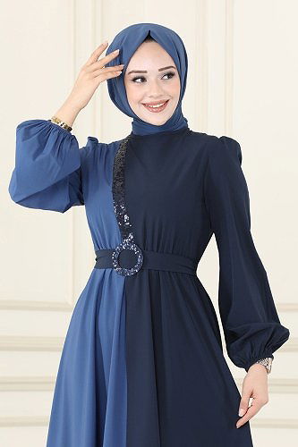 moda selvim ASM2674 كحلي&ياقوتي فستان - Thumbnail