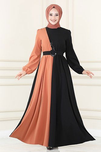 moda selvim Dress ASM2674 Salmon&Black - Thumbnail