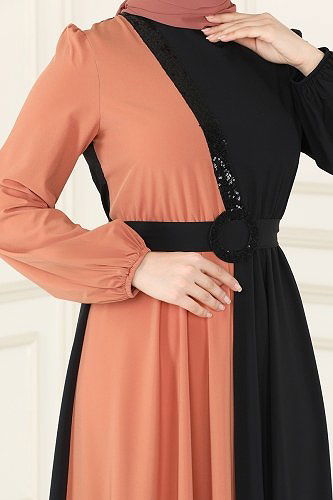 moda selvim Dress ASM2674 Salmon&Black - Thumbnail