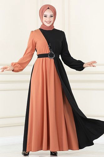 moda selvim ASM2674 مرجاني واسود فستان - Thumbnail