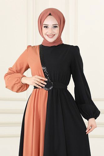 moda selvim ASM2674 مرجاني واسود فستان - Thumbnail