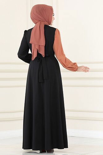 moda selvim ASM2674 مرجاني واسود فستان - Thumbnail