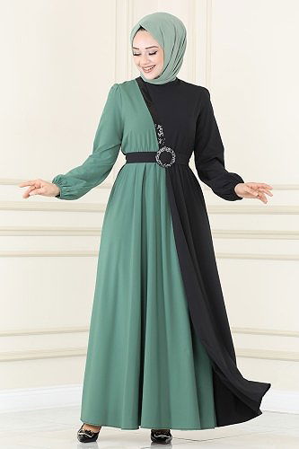 moda selvim Dress ASM2674 Soft Green&Black - Thumbnail