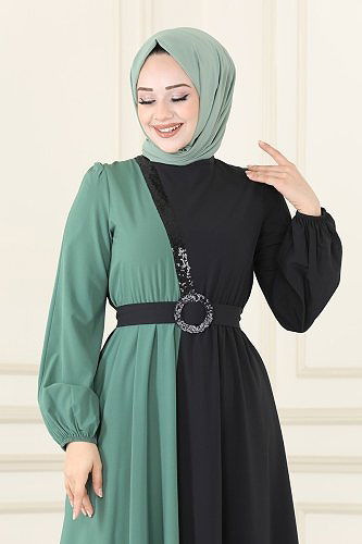 moda selvim Dress ASM2674 Soft Green&Black - Thumbnail