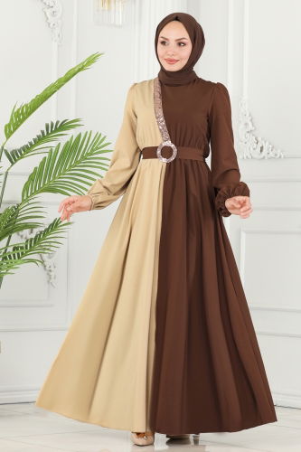 moda selvim Dress ASM2674 Vision&Brown - Thumbnail