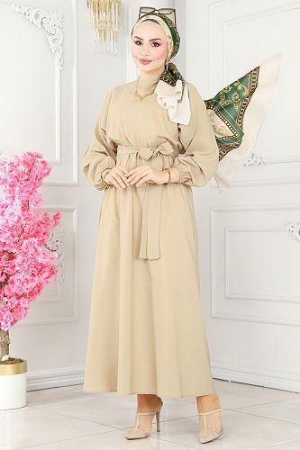 moda selvim Dress ASM2683 Stone - Thumbnail