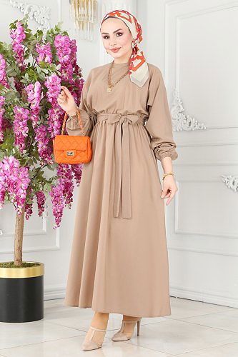 moda selvim ASM2683 بيج فستان - Thumbnail