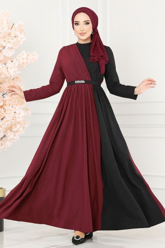 moda selvim Dress ASM2685 Burgundy & Black - Thumbnail