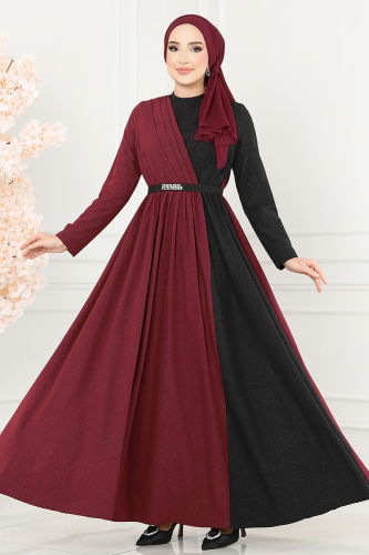 moda selvim Dress ASM2685 Burgundy & Black - Thumbnail