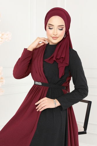 moda selvim Dress ASM2685 Burgundy & Black - Thumbnail