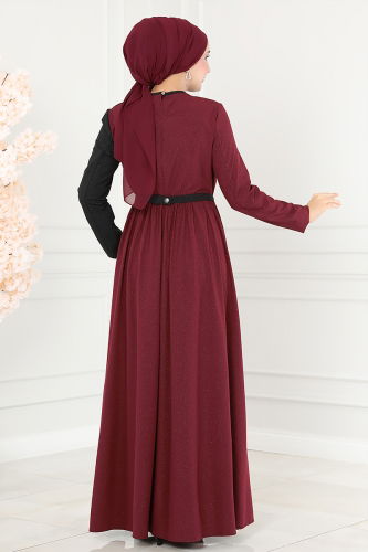 moda selvim Dress ASM2685 Burgundy & Black - Thumbnail