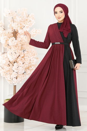 moda selvim Dress ASM2685 Burgundy & Black - Thumbnail