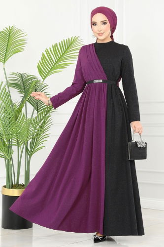 moda selvim Dress ASM2685 Damson & Black - Thumbnail